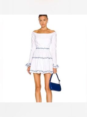 Caroline Constas White Off-Shoulder Mini Dress with Blue Embroidery